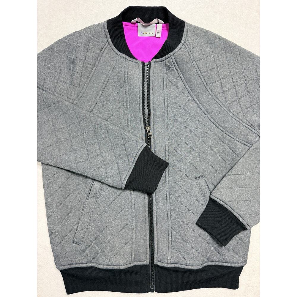 Athleta Quilted Grey Bomber Jacket Full Zip Neon Pink Lining Womens Size Small